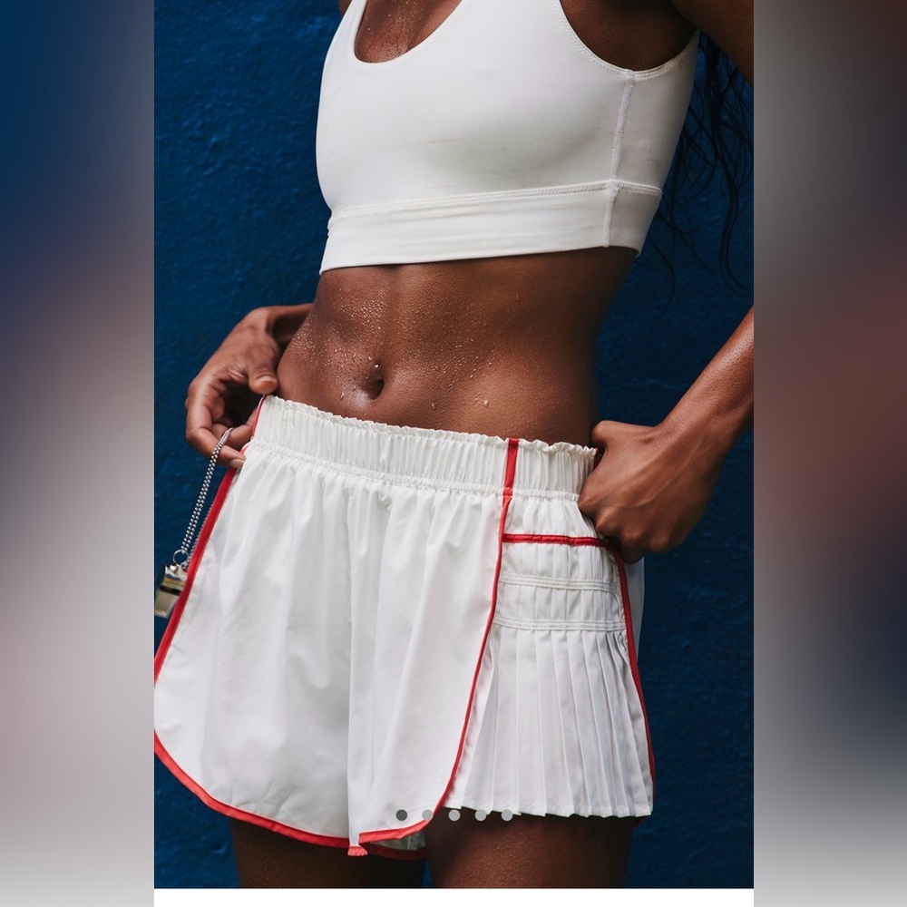 Free People| Easy Tiger Pleated Running Shorts | White w/ Neon Coral Trim |NWOT